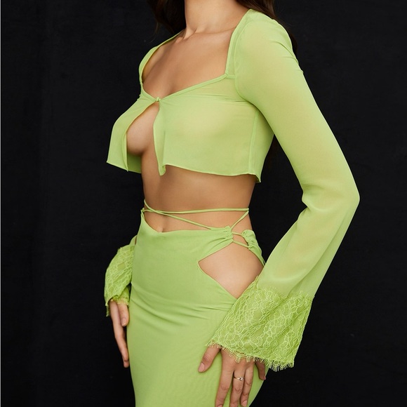 House of CB TARA LIME GREEN GEORGETTE CROPPED TOP Size XS - Picture 2 of 8